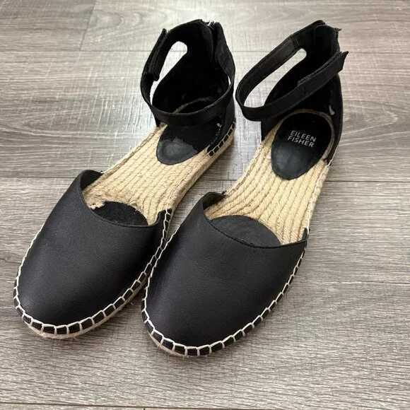 Eileen Fisher Lala Leather Espadrille Flat Black Ankle Strap Women Size 8.5 - Picture 1 of 8
